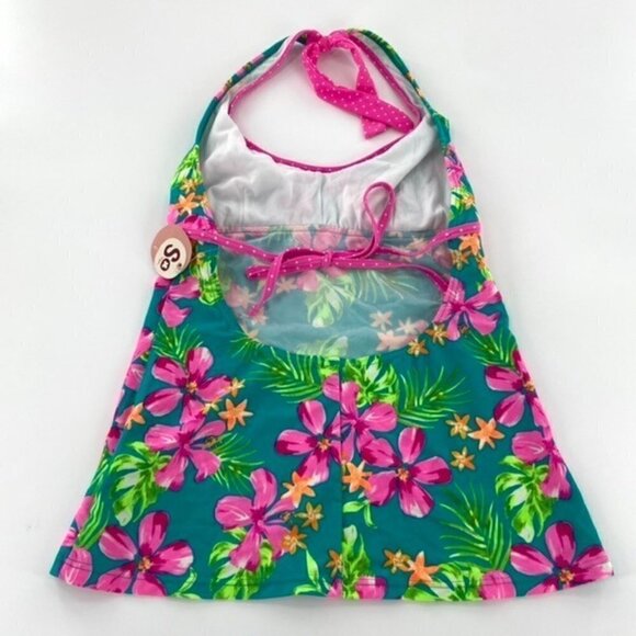 SO V Neck Halter Top Tankini Swimsuit Juniors Sz L Floral Pink Green Tropical - Picture 5 of 16
